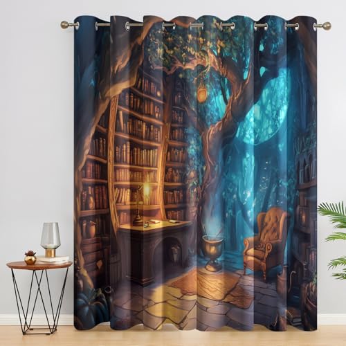 SZLYZM Vorhänge Fantasie Bibliothek, Verdunkelungsvorhang 2er Set - Vorhang Blickdicht Mystisch Muster, Thermovorhang für Deko Wohnzimmer Schlafzimmer, Gardinen mit Ösen 137x117 cm (HxB) Q-&E146 von SZLYZM