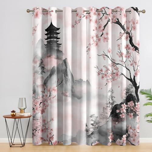 SZLYZM Vorhänge Japanische Kirschblüten, Verdunkelungsvorhang 2er Set - Vorhang Blickdicht Asiatische Muster, Thermovorhang für Deko Wohnzimmer Schlafzimmer, Gardinen mit Ösen 200x140 cm (HxB) von SZLYZM