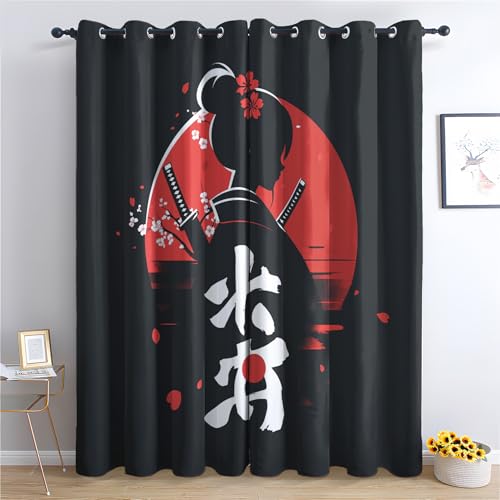 SZLYZM Vorhänge Japanische Samurai, Verdunkelungsvorhang 2er Set - Vorhang Blickdicht Anime Muster, Thermovorhang für Deko Wohnzimmer Schlafzimmer, Gardinen mit Ösen 245x140 cm (HxB) von SZLYZM