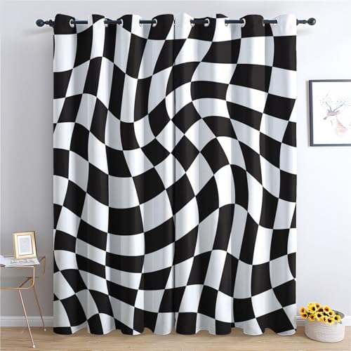 SZLYZM Vorhänge Schwarz Weiß Kariert, Verdunkelungsvorhang 2er Set - Vorhang Blickdicht Geometrisch Trippig Muster, Thermovorhang für Deko Wohnzimmer Schlafzimmer, Gardinen mit Ösen 260x140 cm (HxB) von SZLYZM