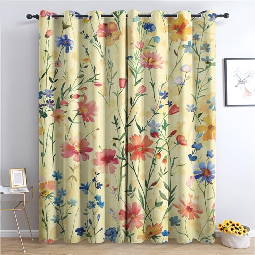 SZLYZM Vorhänge Wildblumen, Verdunkelungsvorhang 2er Set - Vorhang Blickdicht Geblümt Botanisch Muster, Thermovorhang für Deko Wohnzimmer Schlafzimmer, Gardinen mit Ösen 220x140 cm (HxB) von SZLYZM