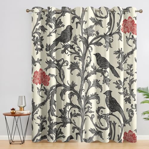 SZLYZM Vorhänge William Morris, Verdunkelungsvorhang 2er Set - Vorhang Blickdicht Vogel Blumen Muster, Thermovorhang für Deko Wohnzimmer Schlafzimmer, Gardinen mit Ösen 175x140 cm (HxB) F-E&116 von SZLYZM