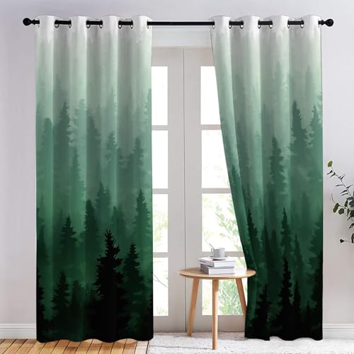 SZLYZM Wald Vorhänge, Verdunklungsvorhänge mit Muster Grüner Baum, Vorhang Blickdicht mit Ösen, Gardinen für Wohnzimmer Schlafzimmer Kinderzimmer Deko 2er Set - 137x117 (H X B) (Qt-&186) von SZLYZM