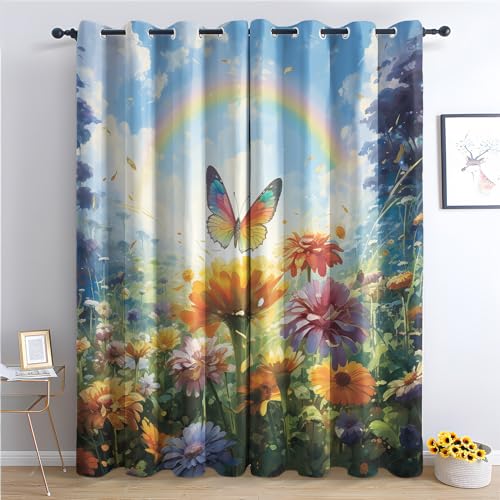 Schmetterling Regenbogen Vorhänge, Verdunklungsvorhänge mit Muster Blumen, Vorhang Blickdicht mit Ösen, Gardinen für Wohnzimmer Schlafzimmer Kinderzimmer Deko 2er Set - 160x132 (H X B) (Q1-&379) von SZLYZM