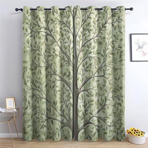 Vorhänge Baum des Lebens, Verdunkelungsvorhang 2er Set - Vorhang Blickdicht Grünes Blatt Muster, Thermovorhang für Deko Wohnzimmer Schlafzimmer Kinderzimmer, Gardinen mit Ösen 220x140 cm (H X B) von SZLYZM