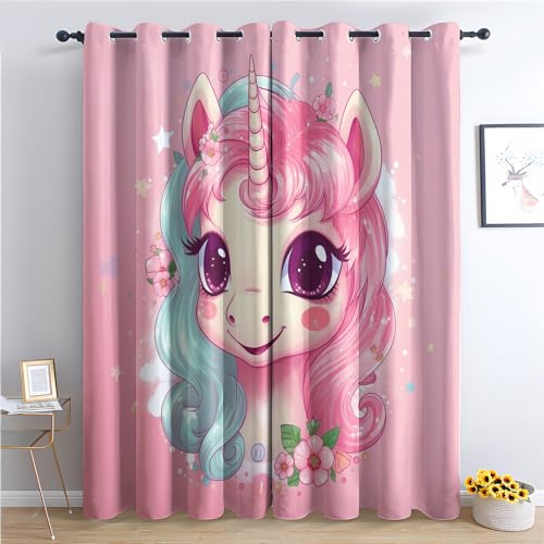 Vorhänge Einhorn, Verdunkelungsvorhang 2er Set - Vorhang Blickdicht Mädchen Cartoon Muster, Thermovorhang für Deko Wohnzimmer Schlafzimmer Kinderzimmer, Gardinen mit Ösen 175x140 cm (HxB) (Qo-&20) von SZLYZM