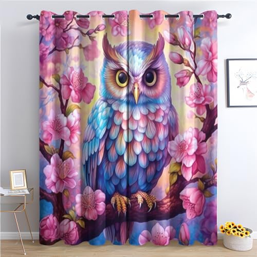 Vorhänge Eule, Verdunkelungsvorhang 2er Set - Vorhang Blickdicht Kirschblüte Sakura Muster, Thermovorhang für Deko Wohnzimmer Schlafzimmer Kinderzimmer, Gardinen mit Ösen 137x117 cm (HxB) (W7-&246) von SZLYZM