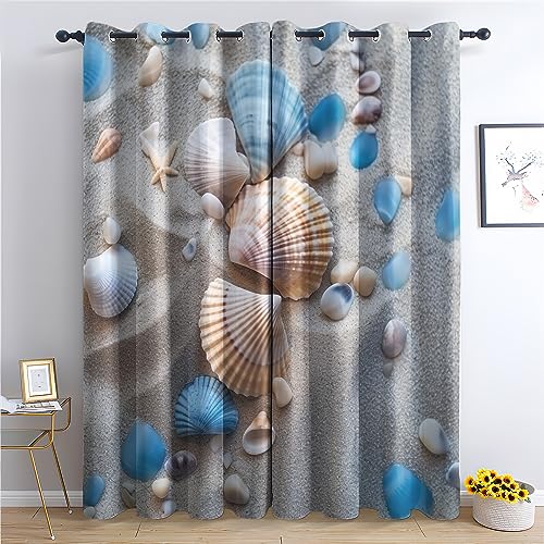 Vorhänge Muscheln, Verdunkelungsvorhang 2er Set - Vorhang Blickdicht Seestern Strand Muster, Thermovorhang für Deko Wohnzimmer Schlafzimmer Kinderzimmer, Gardinen mit Ösen 160x132 cm (HxB) von SZLYZM