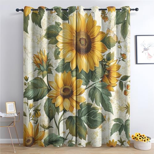 Vorhänge Sonnenblumen, Verdunkelungsvorhang 2er Set - Vorhang Blickdicht Gelb Blumig Grüne Blätter Muster, Thermovorhang für Deko Wohnzimmer Schlafzimmer, Gardinen mit Ösen 245x140 cm (HxB) (Kl-&72) von SZLYZM