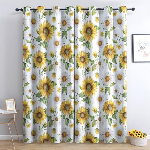 Vorhänge Sonnenblumen, Verdunkelungsvorhang 2er Set - Vorhang Blickdicht Gelb Floral Botanisch Muster, Thermovorhang für Deko Wohnzimmer Schlafzimmer, Gardinen mit Ösen 245x140 cm (HxB) (Kl-&200) von SZLYZM