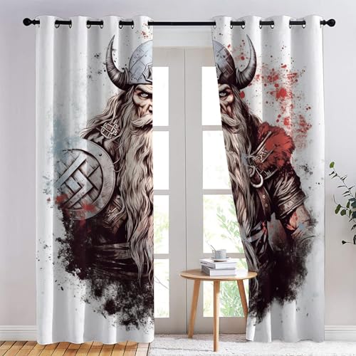 Vorhänge Wikinger, Verdunkelungsvorhang 2er Set - Vorhang Blickdicht Nordische Mythologie Muster, Thermovorhang für Deko Wohnzimmer Schlafzimmer Kinderzimmer, Gardinen mit Ösen 137x117 cm (HxB) von SZLYZM