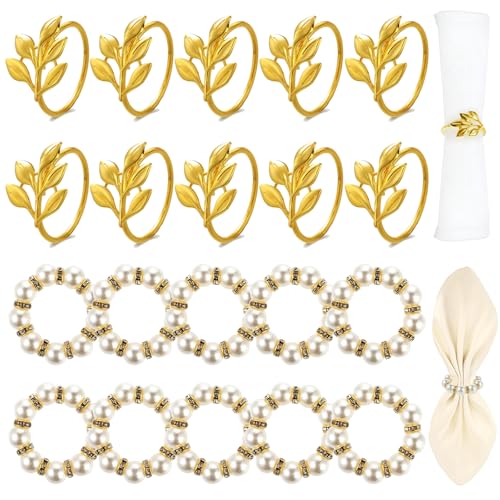 20 Stück Serviettenringe Gold,Servietten Ringe mit Perlen,Servietten Ringe Blatt Set,Metall Serviettenring Halter,Schnallen Weidenblattform für Tischdekoration(Gold, Weiß) von SZQIUNUBI