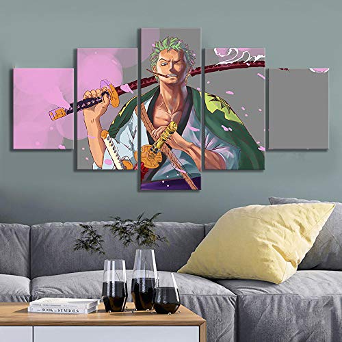 SZQY Kunstdrucke Moderne Malerei Hintergrund Dekoration 5 Teiliges Wandbild Poster Für Kinderzimmer Wandkunst Leinwand 150X80Cm Mit Rahmen One Piece Zoro Anime Cartoon von SZQY