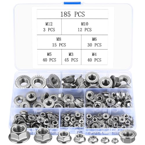 185 Stk Flanschmuttern, Sechskant Flansch Muttern mit Flansch und Sperrverzahnung, M3 M4 M5 M6 M8 M10 M12 Sechskantmuttern Selbstsichernde Muttern, Sperrzahnmuttern, Sechskant flanschmutter Set von SZSLMY
