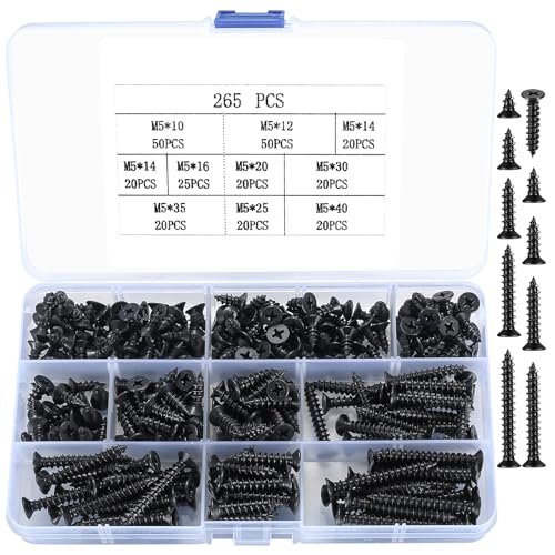 265 Stück M5 Selbstschneidende Schrauben, Holzschrauben Sortiment Set, Blechschrauben Flachkopfschrauben, Kreuzschlitzschrauben, Möbel Trockenbau Schrauben Set für Kunststoff Holz - Schwarz (265) von SZSLMY