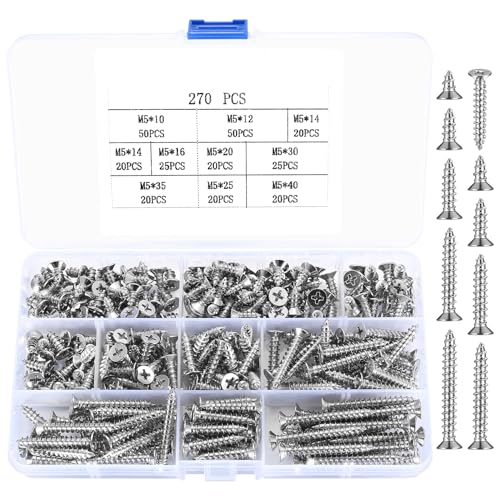 270 Stück M5 Selbstschneidende Schrauben, Holzschrauben Sortiment Set, Blechschrauben Flachkopfschrauben, Kreuzschlitzschrauben, Möbel Trockenbau Schrauben Set für Kunststoff Holz - Silber von SZSLMY