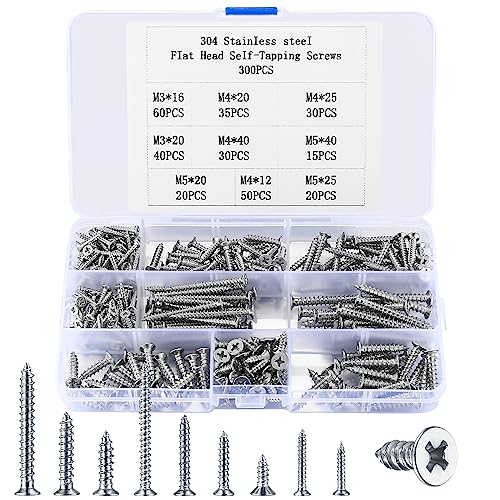 300 Stk Flachkopf Selbstschneidende Schrauben, M3 M4 M5 Flachkopf Kreuzkopf Blechschrauben Sortiment Kit, Edelstahl Holzschrauben, Maschinenschrauben mit Senkkopf für Trockenbau Möbel von SZSLMY