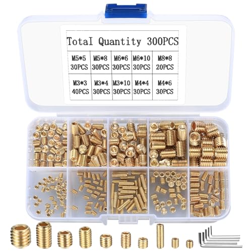 300 Stk Madenschrauben Set, M3/M4/M5/M6/M8 Gewindestifte Sortiment Kit, Sechskantkopf Schrauben mit Sechskantschlüssel für Türgriff Türklinke Halterung Innensechskant Madenschrauben, Gold von SZSLMY