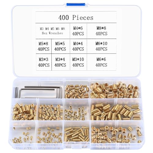400 Stk Madenschrauben Set, M3/M4/M5/M6/M8 Gewindestifte Sortiment Kit, Sechskantkopf Schrauben für Türgriff Türklinke Halterung Innensechskant Madenschrauben, mit Sechskantschlüssel, Gold (400) von SZSLMY
