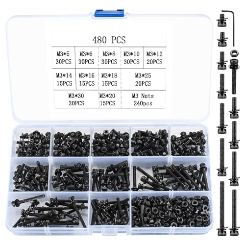 480 Stück M3 Schrauben Set, Sechskantschrauben und Muttern Set, Zylinderschrauben mit Innensechskant, Gewindeschrauben mit Muttern und Unterlegscheiben Sortiment Kit, Maschinenschrauben Set von SZSLMY