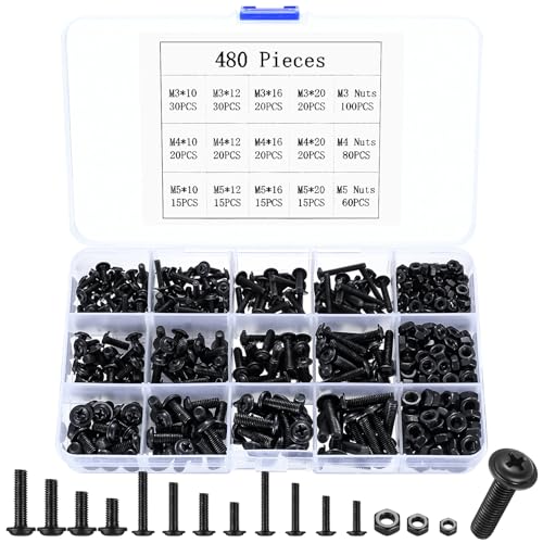 "M3 M4 M5 Schrauben Set, 480 Stück Linsenkopfschrauben Mit Muttern, Kreuzschlitzschrauben, Gewindeschrauben, Schwarz Maschinenschrauben Sortiment (480)" von SZSLMY