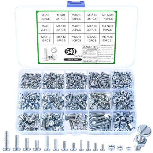 M3 M4 M5 Schrauben Set, 540 Stück Linsenkopfschrauben Muttern Set, Zylinderschrauben mit Schlitzschrauben mit Muttern Set, Maschinenschrauben Sortiment Metrische Schrauben Set, Gewindeschrauben Set von SZSLMY