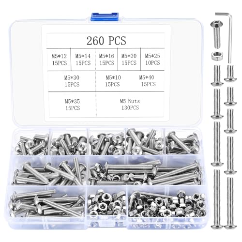 M5 Schrauben Set, 260 Stück Linsenkopf Sechskantschrauben mit Muttern Kit, Gewindeschrauben Set, Maschinenschrauben Muttern Set, Sechskantkopfschrauben und Muttern Sortiment - M5 von SZSLMY