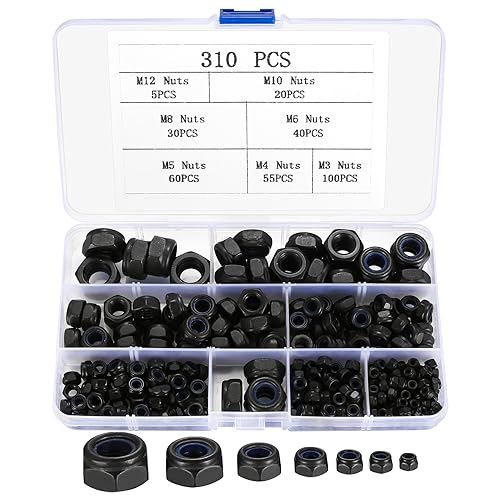 Sechskantmuttern Set, 310 Stk Selbstsichernde Muttern Sortiment Set, Sicherungsmuttern, Schraubenmuttern, Kohlenstoffstahl Sechskant Mutter, Gewindeeinsätze - M3 M4 M5 M6 M8 M10 M12 von SZSLMY
