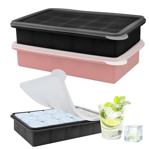 2er-Pack Silikon-Eiswürfelbehälter mit Deckel | 15-Fach-Design in Schwarz & Rosa für Gin-Cocktails, Eis-Kaffee & Tiefkühlblöcke | Robust & Wiederverwendbar von SZWLJ