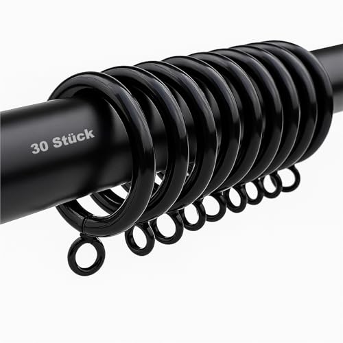 30 Stück Schwarze Vorhangringe 32 mm Durchmesser – Robustes Metall Duschvorhang Gardinenringe für Fenster Tür Duschvorhang Heimdekoration un-mit Gardinenhaken von SZWLJ