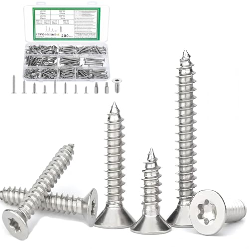 200 STK M4 M5 Blechschrauben 304 Edelstahlschrauben Selbstschneidende Schrauben, Torx Holzschrauben mit Torx-Antrieb, Spanplattenschrauben Set, Senkkopfschrauben Flachkopfschrauben Sortiment von SZYILIDA