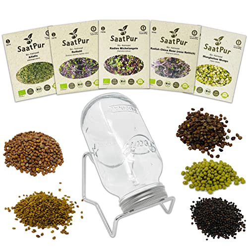 SaatPur® Bio Keimsprossen Geschenk-Set Nr6 mit Keimsprossenglas 1L und 5 Saattüten Keimsaat, hohe Keimkraft, Micro-Greens für vitaminreiche Ernährung, nachhaltige Graspapier-Verpackung, vegan von SaatPur