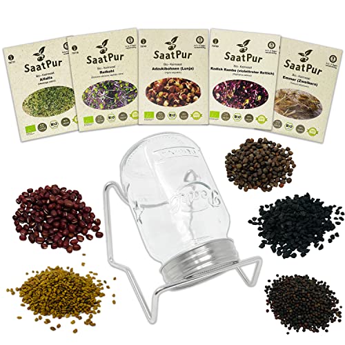 SaatPur® Bio Keimsprossen Geschenk-Set Nr7 mit Keimsprossenglas 500ml und 5 Saattüten Keimsaat, hohe Keimkraft, Micro-Greens für vitaminreiche Ernährung, nachhaltige Graspapier-Verpackung, vegan von SaatPur