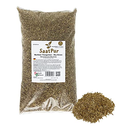 SaatPur® Rasensamen Berliner Tiergarten Dürreresistent 1kg für ca. 40 m², Mehrjährige Gebrauchsrasen Rasenmischung aus mehreren Rasenarten, meistens 4 bis 5, satt grün, Neusaat und Nachsaat von SaatPur