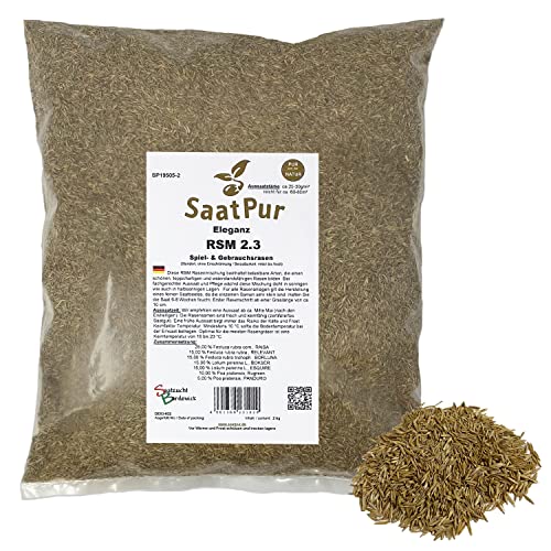 SaatPur® Rasensamen RSM 2.3 Spiel - & Gebrauchsrasen 2kg für ca. 80 m², Regel Saatgut Mischung 2.3 aus mehreren Rasenarten, schnellkeimend, sehr belastbar, sehr strapazierfähig, Neusaat und Nachsaat von SaatPur