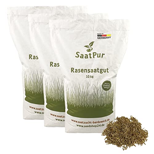 SaatPur® Rasensamen Schattenrasen Dürreresistent 30kg für ca. 900 m², Mehrjährige Rasemischung aus mehreren Rasenarten, meistens 4 bis 5, satt grün, schnellkeimend, hitzetolerant, Neusaat und Nachsaat von SaatPur