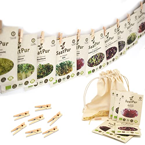 SaatPur® BIO Sprossen Samen Adventskalender, Nachhaltiger Weihnachtskalender Microgreens Keimsaat Keimsprossen Saatgut mit Sprossensack Leinen Beutel zum Aufhängen von SaatPur