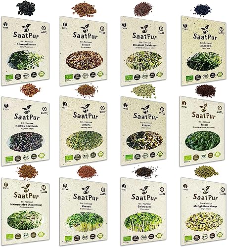 SaatPur® Saatgut Bio-Keimsprossen Sortiment 12er Set, hohe Keimkraft, Micro-Greens für vitaminreiche, vegane Ernährung, Keimsaat Sprossen Samen mikrobiologisch untersucht, Graspapier-Verpackung von SaatPur