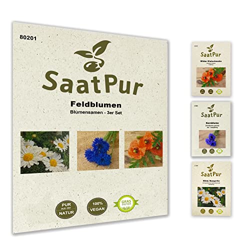 SaatPur® Saatgut Feldblumen 3er Blumensamen-Set für ca. 150 Pflanzen, je Sorte ca. 50: Kornblume, Wilde Margerite, Klatschmohn, als Schnittblumen geeignet, nachhaltige Graspapier-Verpackung von SaatPur