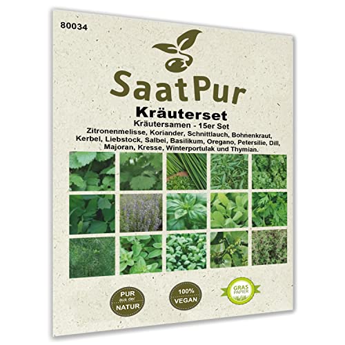 SaatPur® Saatgut Kräuter 15er Set, Garten-Kräutersamen, 15 Saattüten für ca. 1.700 Planzen: Kräutermischung mit u.a. Schnittlauch, Salbei, Basilikum, Oregano, Petersilie, Dill, Graspapier-Verpackung von SaatPur