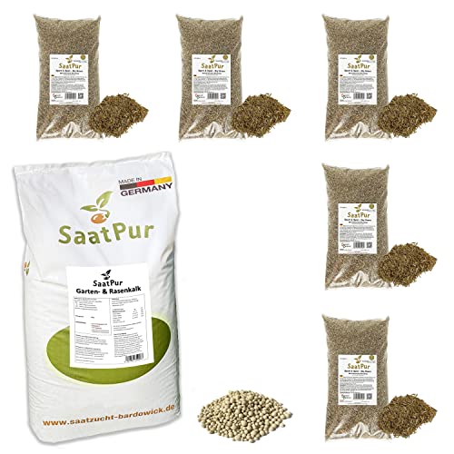 SaatPur® Set aus 20 kg Rasenkalk und 5 x 1kg Rasensamen Sport & Spiel Dürreresistent, Gartenkalk gegen Moos und saure Böden, Rasen für ca. 150 m², Mehrjähriger Gebrauchsrasen von SaatPur