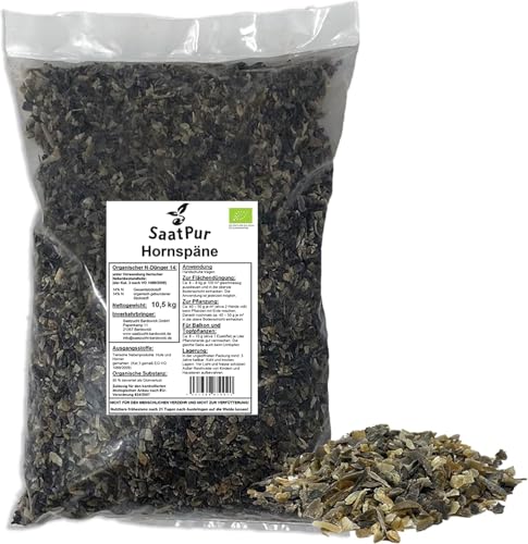 SaatPur® Hornspäne Naturdünger 10,5 kg, 100% natürlicher Dünger mit 14% Stickstoff für Gemüse- und Ziergarten, Natürlicher Stickstoffdünger und Gartendünger mit Langzeitwirkung von SaatPur