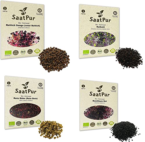 SaatPur BIO Keimsprossen Sortiment 4 BIO Sorten Red Energie Mix Mischung - Radies Rotkohl Basilikum Rote Beete von SaatPur