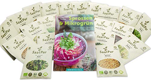 SaatPur Bio-Keimsprossen-Set + Buch Sprossen & Mikrogrün von Angelika Fürstler 40 Rezepte + 21 Portionen Keimsaat Alfafa, Brokkoli, Fenchel, Grünkohl, Radies, Rotklee, Zwiebeln, Linsen von SaatPur