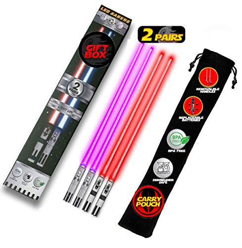 Lichtschwert-Essstäbchen, beleuchtet, LED-Leuchtmittel, Essstäbchen, wiederverwendbar, Sushi-Leuchtstäbchen, 2 Paar – Lila & Rot von Saber Chops