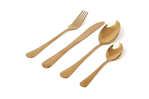 Sabichi Besteckset aus gehämmertem Kupfer für 4-16-teiliges Edelstahl-Besteck-Set – leicht zu reinigende goldene Bestecksets – Geschirrsets mit Messern, Gabeln, Esslöffeln, Teelöffeln von Sabichi