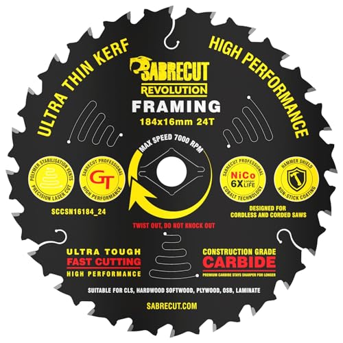 1 x SCCSN16184_24 SabreCut 184mm 24 Zähne x 16mm Bohrung leistungsstarkes ultradünnes Schnittfugen-Kreissägeblatt für Holz Sperrholz MDF-Spanplatten von SabreCut