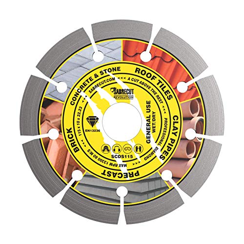 1 x SabreCut SCDS115 115mm (4,5 Zoll) x 10mm x 22,23mm Bohrung segmentiertes Diamant-Winkelschleifer-Kreissägeblatt kompatibel mit Bosch Dewalt Makita Milwaukee und vielen anderen von SabreCut