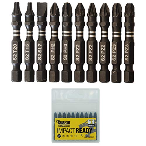 10 x SabreCut SCPC50_10 50mm PZ2 PZ3 PH2 PH3 SL7 T15 T20 Schlagschrauber Bohrer Bits Set Ein-Endig Pozidriv POZI Phillips No.2 No.3 Schlitz No.7 Torx 15 12 Hochleistung inklusive Aufbewahrungsbox von SabreCut