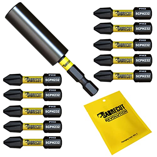 11 tlg. SabreCut SCRK5 magnetische 32mm PH2 Schlagschrauberbits und 60mm Professionelle Schraubenzieher Schlagschrauber Bithalter für Dewalt Milwaukee Makita Bosch und andere von SabreCut